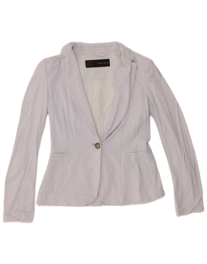 Zara Womens 1 Button Blazer Jacket UK 10 Small Blue Cotton