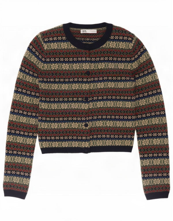 Zara Womens Cardigan Sweater UK 10 Small Multicoloured Fair Isle Polyamide