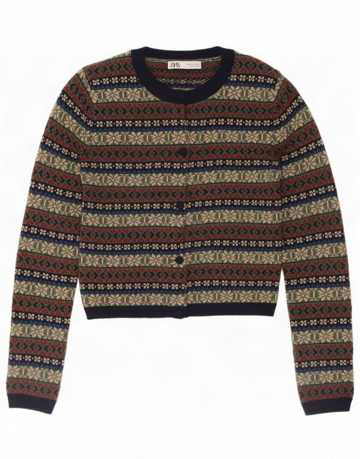 Zara Womens Cardigan Sweater UK 10 Small Multicoloured Fair Isle Polyamide