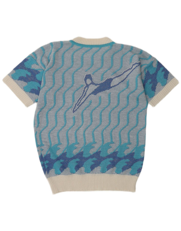Vintage Womens Graphic Crew Neck Jumper Sweater UK 14 Medium Blue