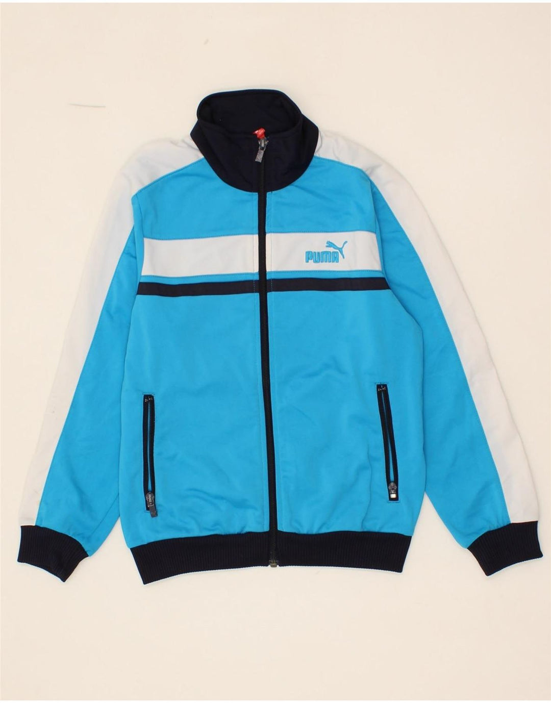 PUMA Boys Graphic Tracksuit Top Jacket 9-10 Years Medium Blue Colourblock Vintage Puma and Second-Hand Puma from Messina Hembry 