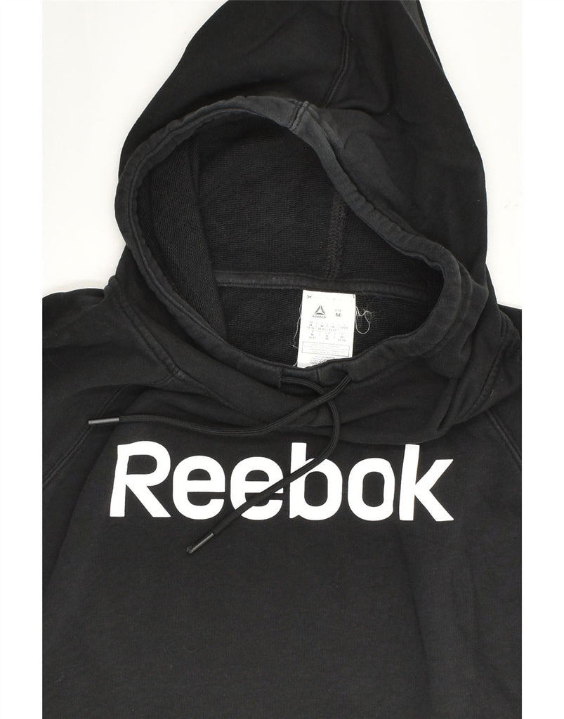 REEBOK Womens Graphic Hoodie Jumper UK 14 Medium Black Cotton | Vintage Reebok | Thrift | Second-Hand Reebok | Used Clothing | Messina Hembry 