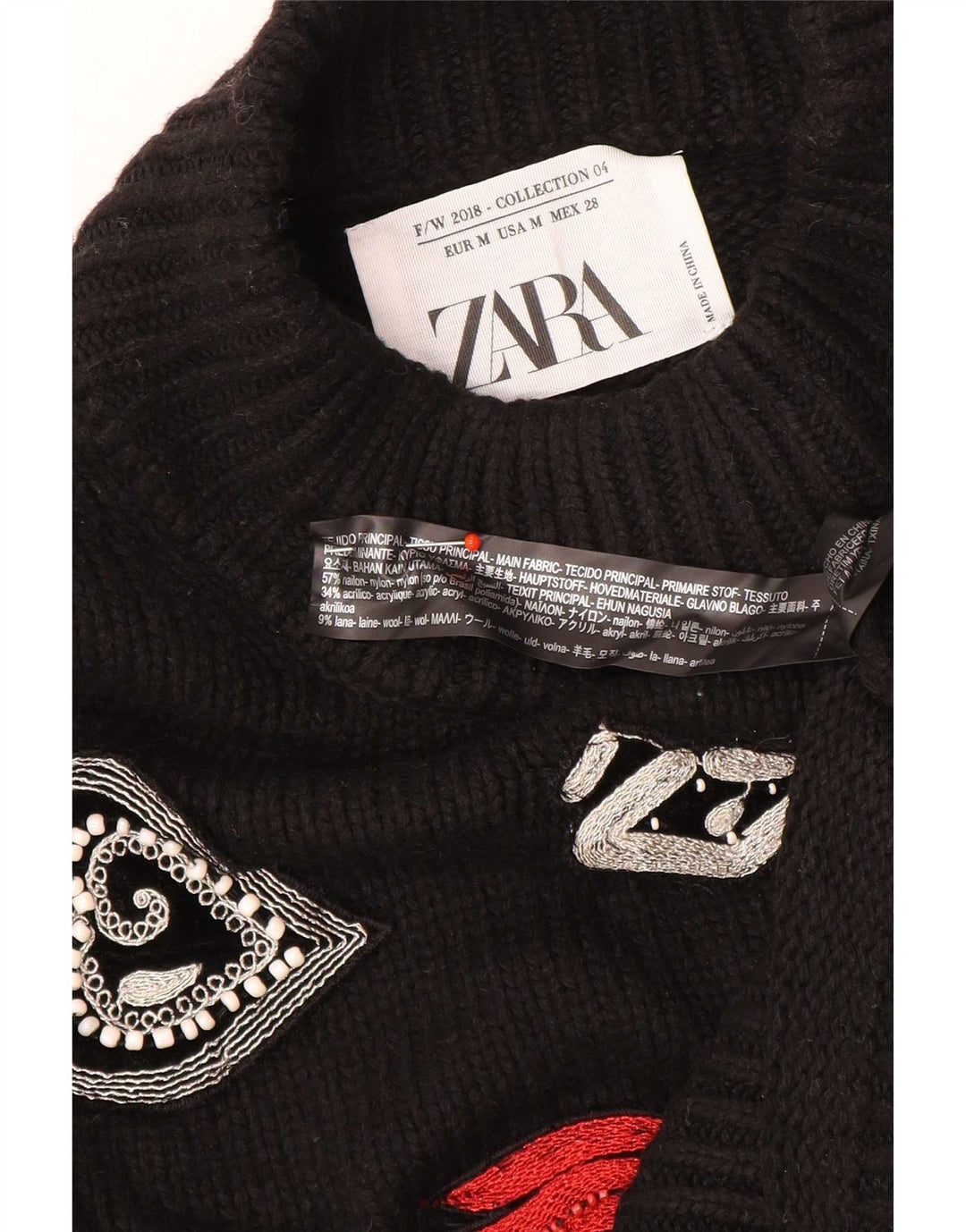 Zara Womens Graphic Turtle Neck Jumper Sweater UK 12 Medium Black