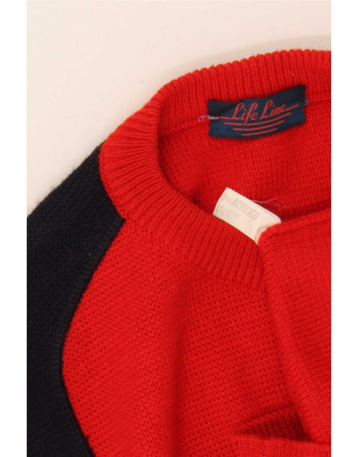 Life Line Mens Crew Neck Jumper Sweater Medium Red Colourblock Wool