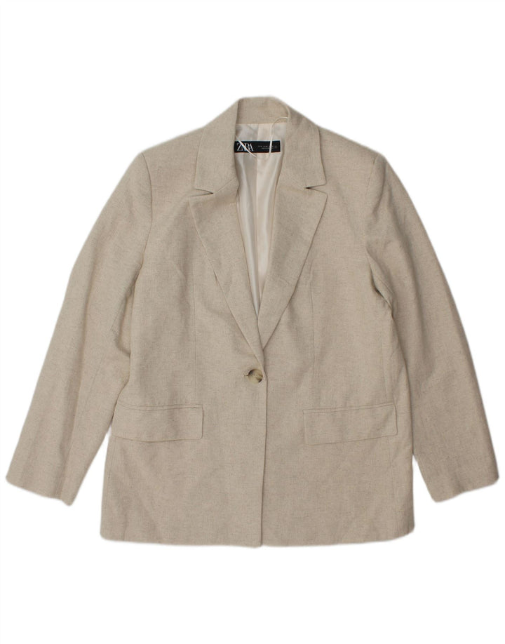 Zara Womens 1 Button Blazer Jacket UK 14 Medium Beige Herringbone Acetate