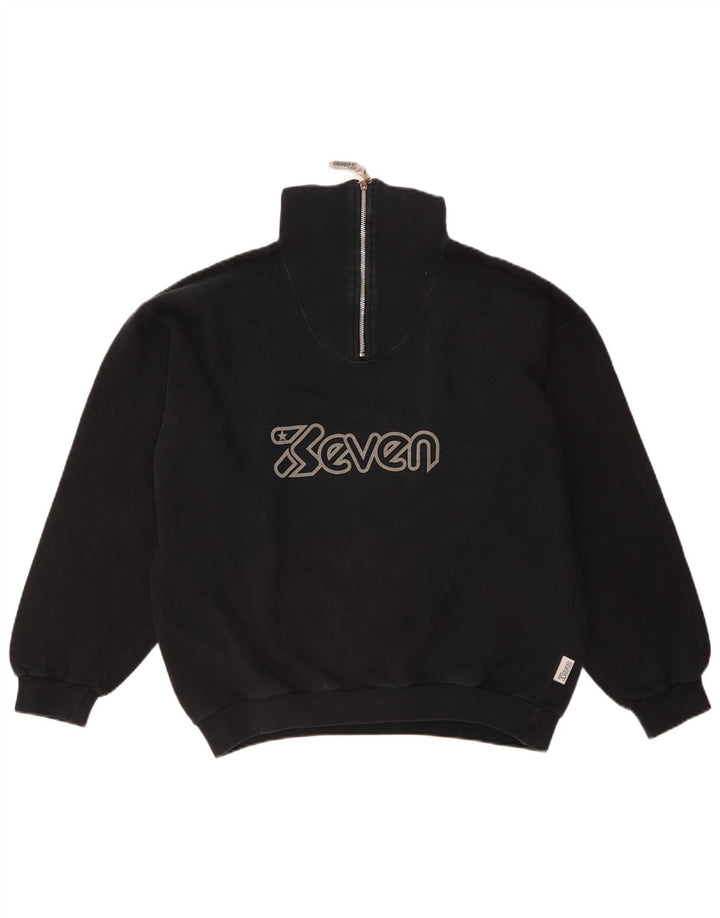 SEVEN 7 Mens Graphic Zip Neck Sweatshirt Jumper Large Navy Blue Cotton