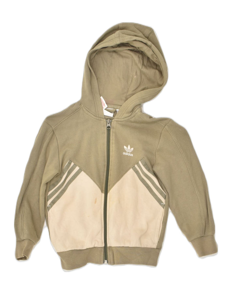 ADIDAS Girls Zip Hoodie Sweater 5-6 Years Khaki Colourblock Cotton | Vintage Adidas | Thrift | Second-Hand Adidas | Used Clothing | Messina Hembry 