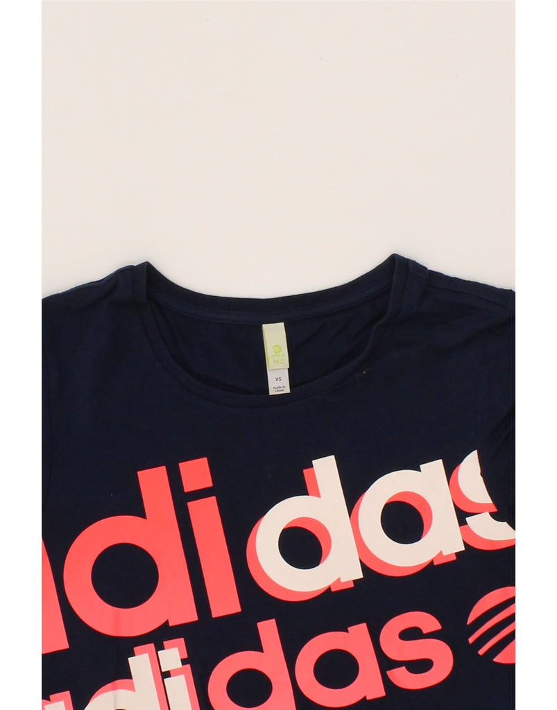ADIDAS Womens Graphic T-Shirt Top UK 6 XS Navy Blue Cotton Vintage Adidas and Second-Hand Adidas from Messina Hembry 