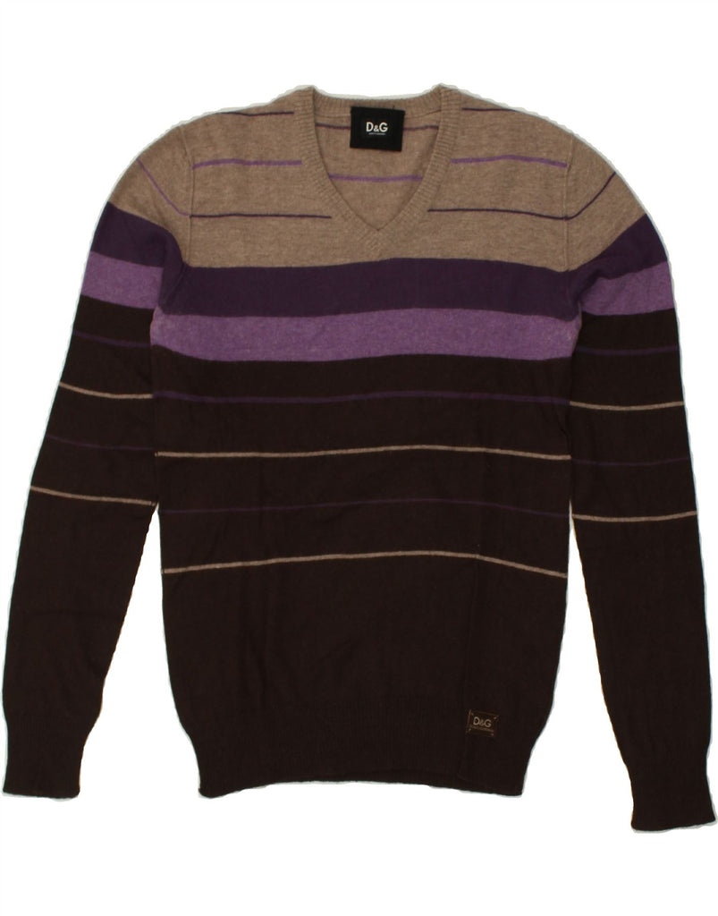 DOLCE & GABBANA Mens V-Neck Jumper Sweater Medium Brown Striped Wool | Vintage Dolce & Gabbana | Thrift | Second-Hand Dolce & Gabbana | Used Clothing | Messina Hembry 