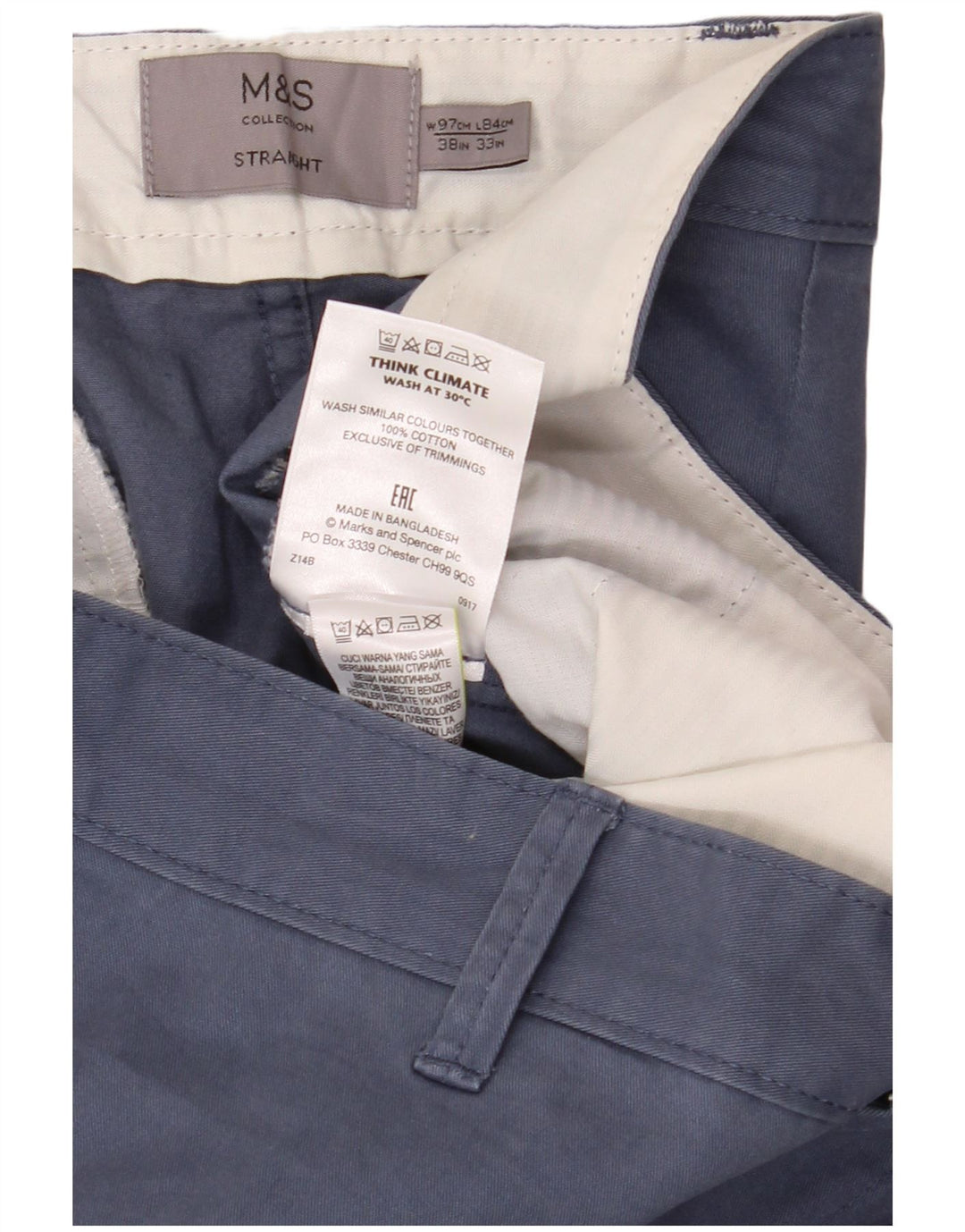 Marks & Spencer Mens Straight Chino Trousers W38 L33 Blue Cotton