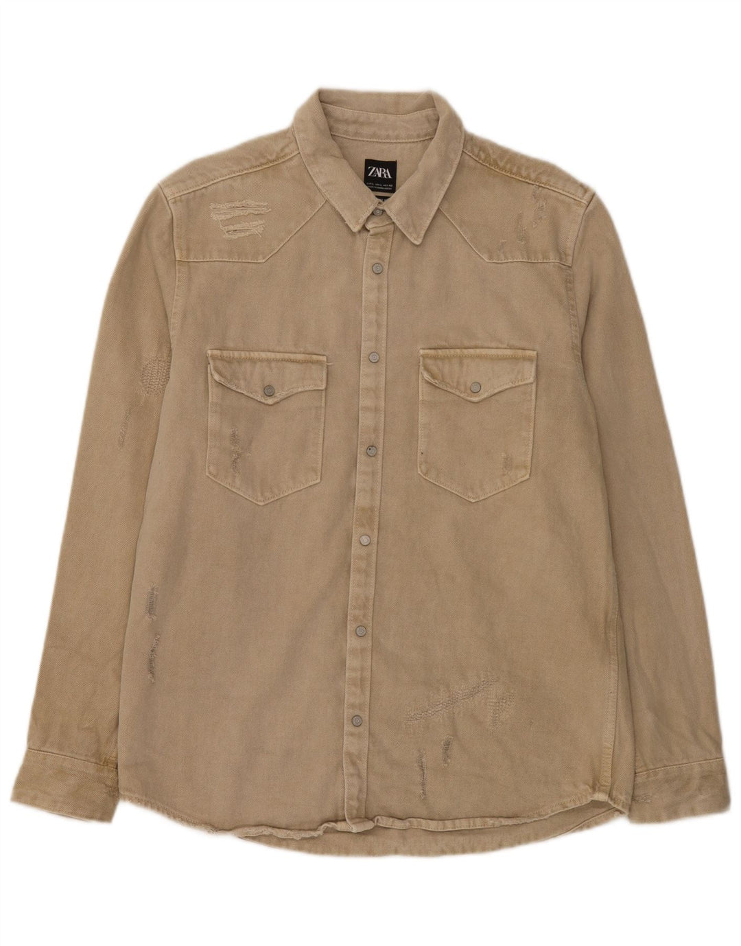 Zara Mens Distressed Relaxed Fit Denim Shirt Large Beige Cotton