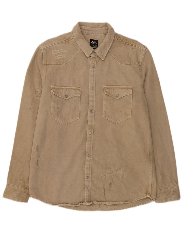 Zara Mens Distressed Relaxed Fit Denim Shirt Large Beige Cotton