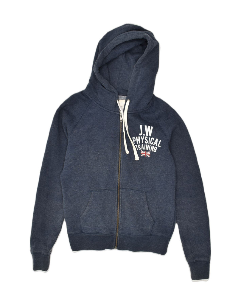 JACK WILLS Womens Graphic Zip Hoodie Sweater UK 12 Medium Navy Blue Cotton | Vintage Jack Wills | Thrift | Second-Hand Jack Wills | Used Clothing | Messina Hembry 