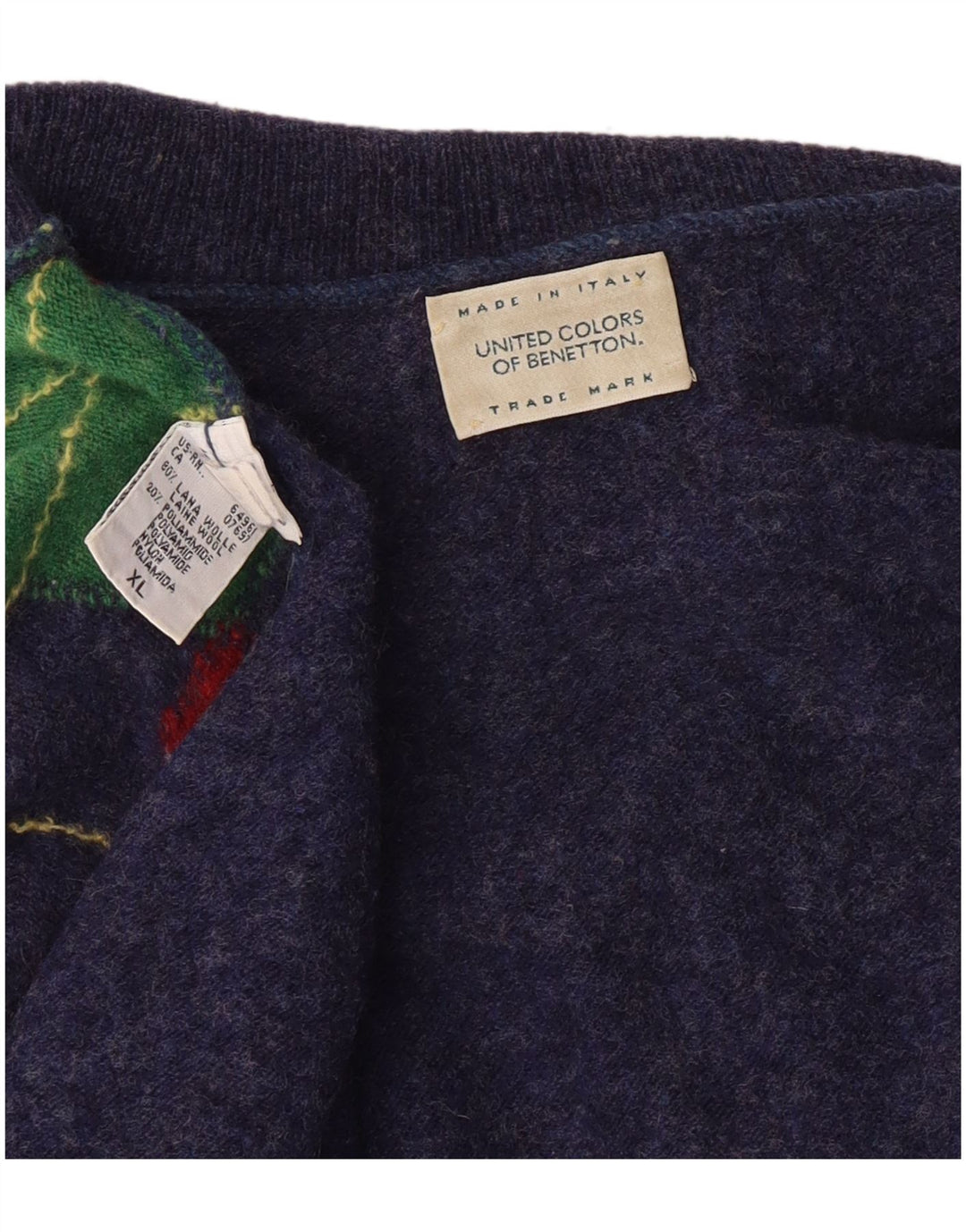 Benetton Mens Roll Neck Jumper Sweater XL Navy Blue Argyle/Diamond Classic