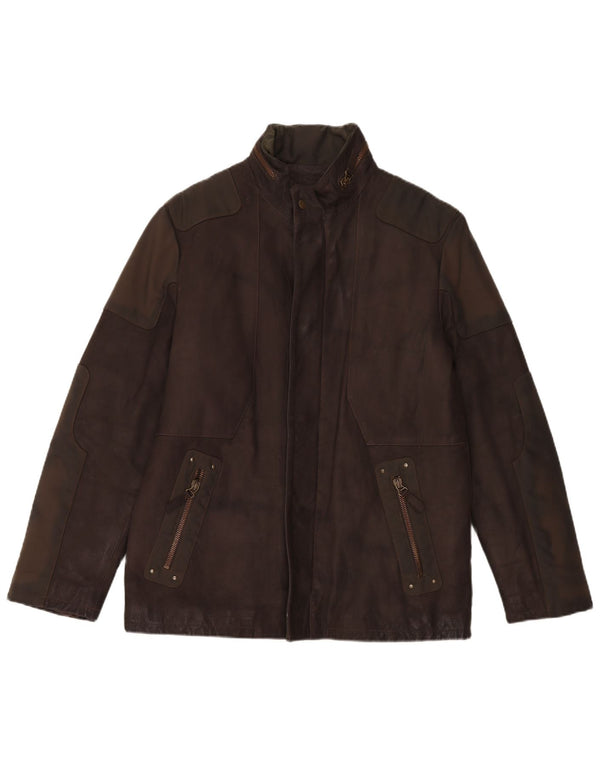Vintage Mens Hooded Leather Jacket IT 52 Large Brown