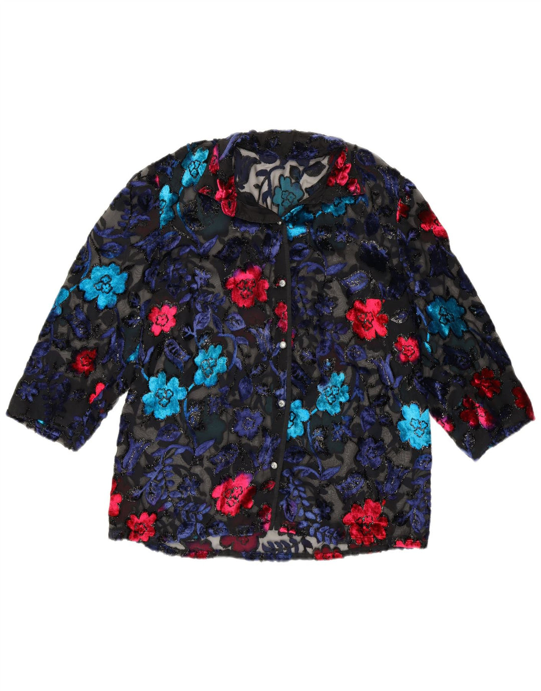 VINTAGE Womens See Through Shirt Blouse UK 12 Medium Black Floral
