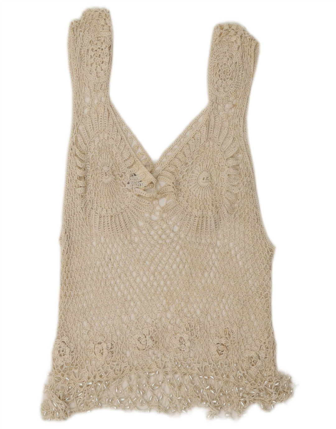 Rafale Womens Hand Made Crochet Blouse Top UK 14 Medium Beige Rayon