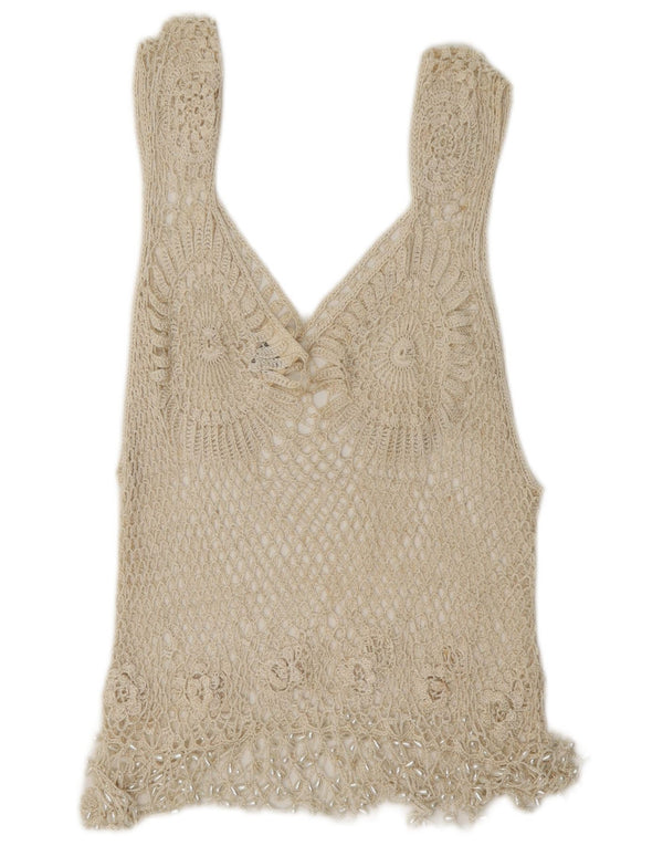 Rafale Womens Hand Made Crochet Blouse Top UK 14 Medium Beige Rayon