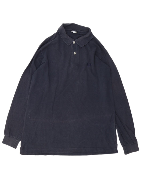 Sergio Tacchini Mens Long Sleeve Polo Shirt Medium Navy Blue Cotton