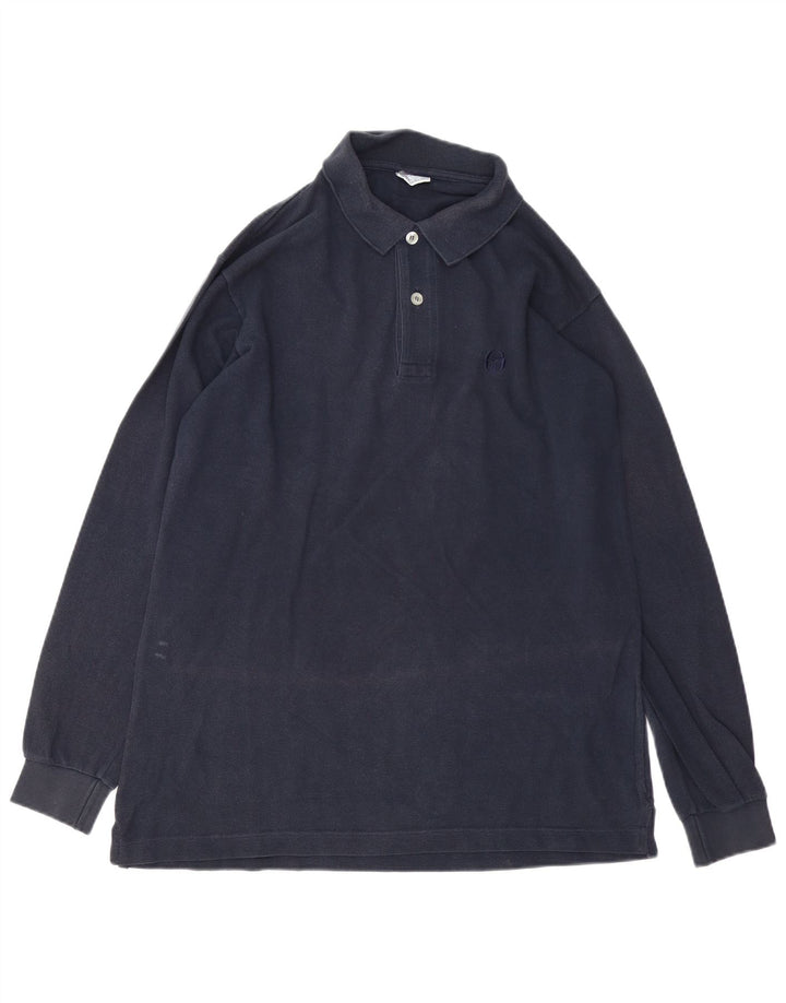 Sergio Tacchini Mens Long Sleeve Polo Shirt Medium Navy Blue Cotton