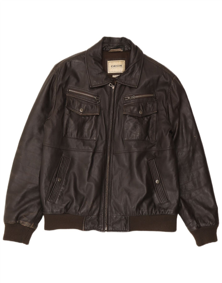 Geox Mens Bomber Leather Jacket UK 42 XL Black Leather