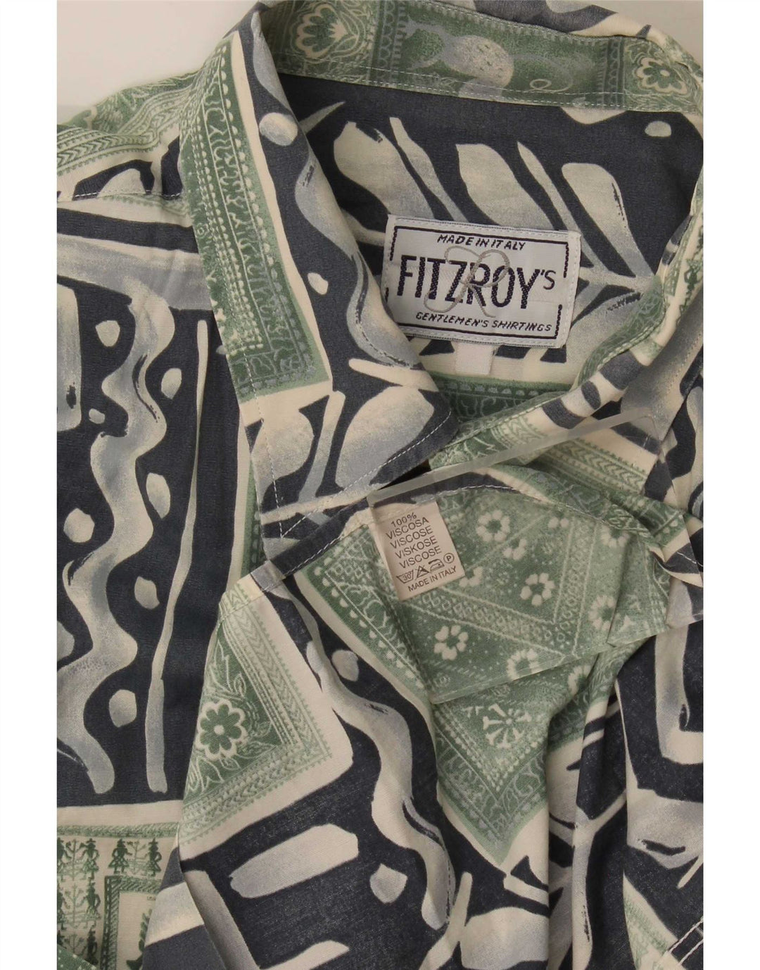 Fitzroy Mens Short Sleeve Shirt Large Green Patchwork Viscose