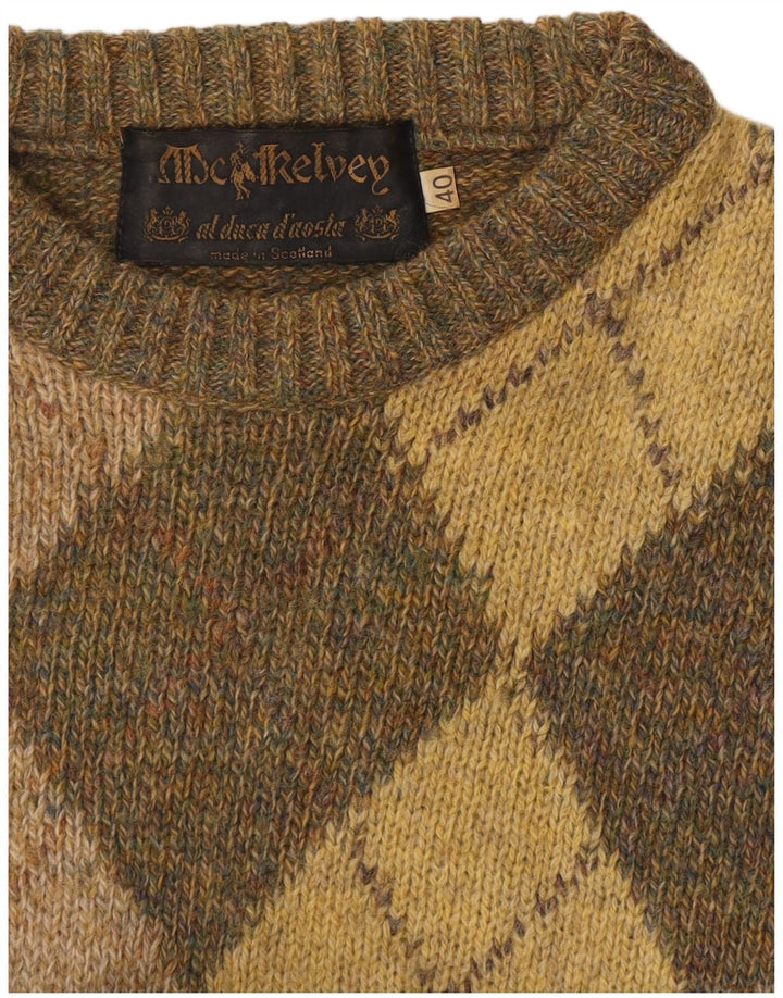 Vintage Mens Crew Neck Jumper Sweater UK 40 Medium Khaki Argyle/Diamond