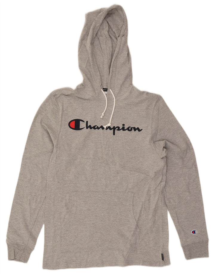 Champion Mens Graphic Hoodie Jumper Medium Grey Flecked Cotton