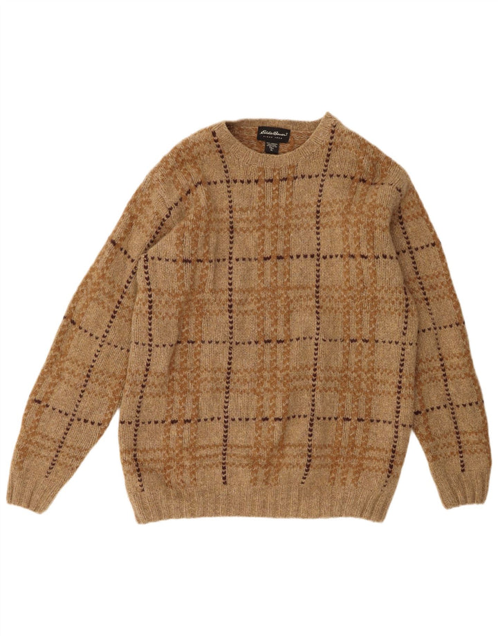 Eddie Bauer Mens Crew Neck Jumper Sweater XL Brown Check Lambswool