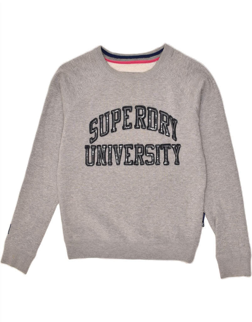 SUPERDRY Womens Graphic Sweatshirt Jumper UK 10 Small Grey Polyester | Vintage Superdry | Thrift | Second-Hand Superdry | Used Clothing | Messina Hembry 