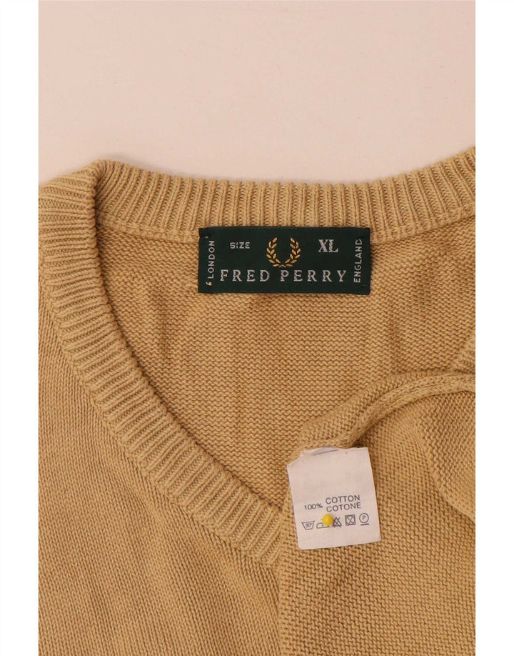 Fred Perry Mens V-Neck Jumper Sweater XL Beige Cotton