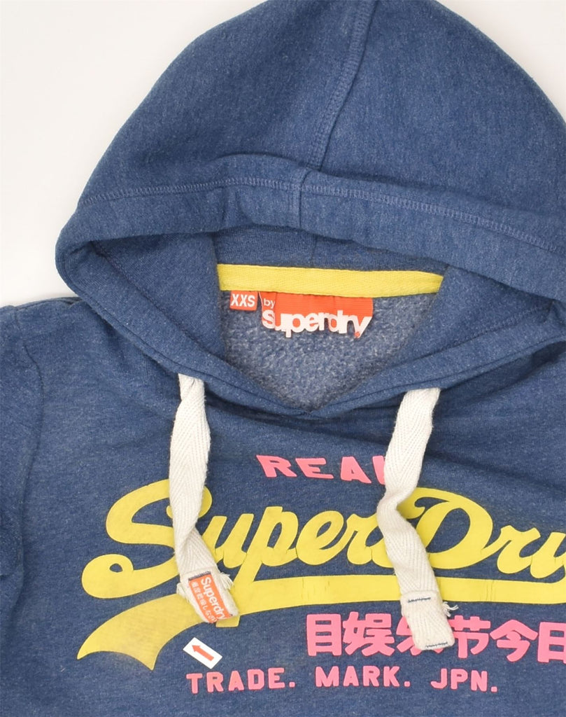 SUPERDRY Womens Graphic Hoodie Jumper UK 2 2XS Blue Cotton | Vintage Superdry | Thrift | Second-Hand Superdry | Used Clothing | Messina Hembry 