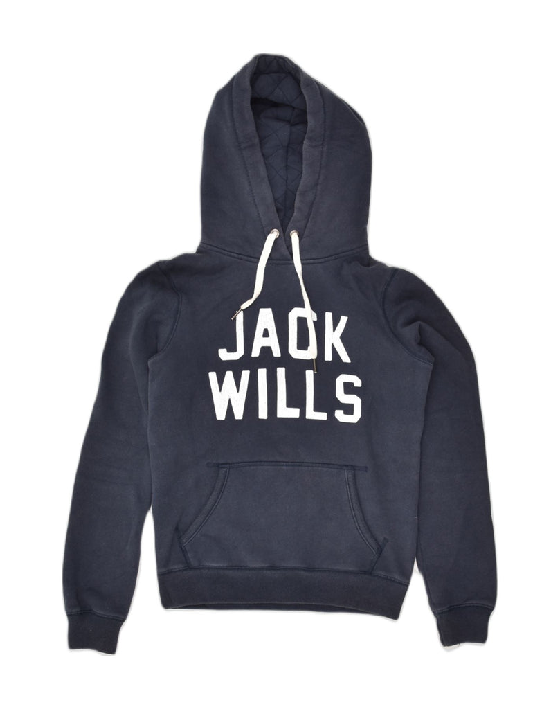 JACK WILLS Womens Graphic Hoodie Jumper UK 8 Small Navy Blue Cotton | Vintage Jack Wills | Thrift | Second-Hand Jack Wills | Used Clothing | Messina Hembry 