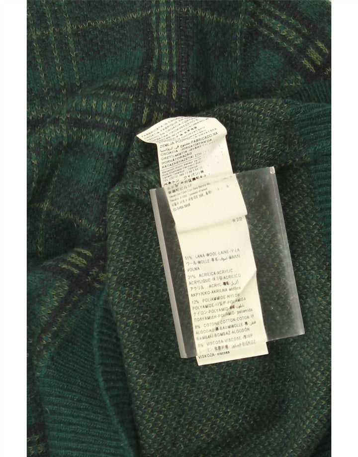 Benetton Mens Crew Neck Jumper Sweater XL Green Check Wool