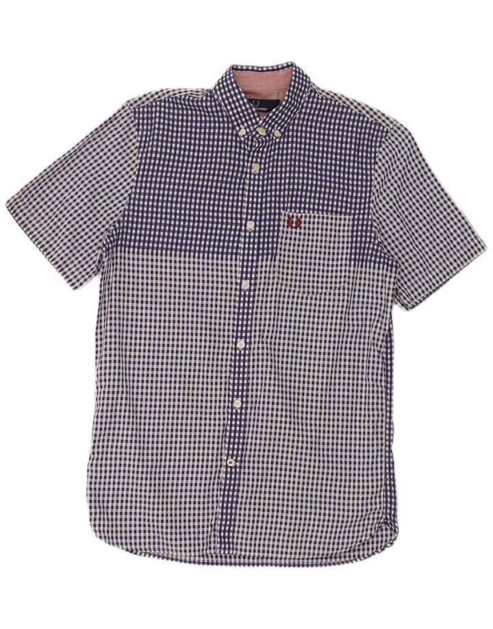 Fred Perry Mens Short Sleeve Shirt Small Blue Check Cotton