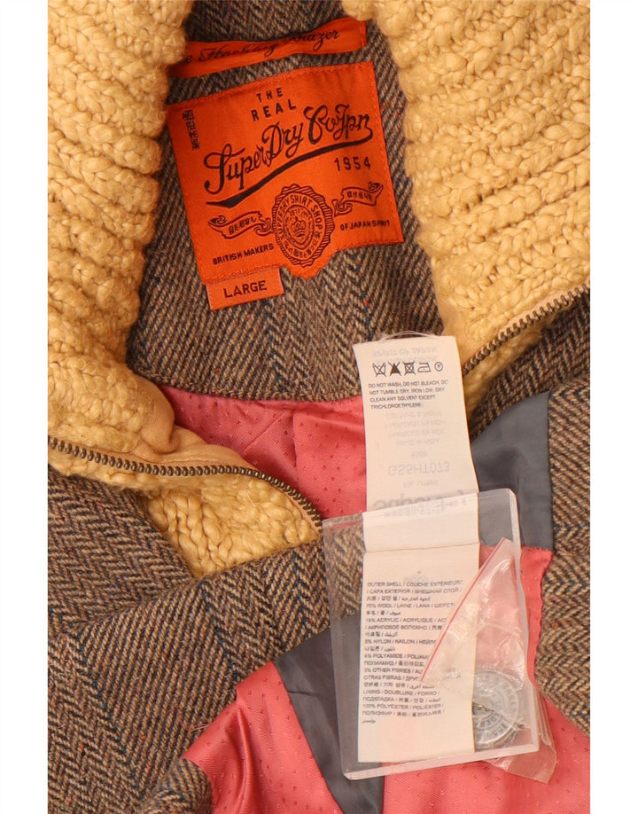 Superdry Womens 3 Button Blazer Jacket UK 14 Large Grey Herringbone Wool