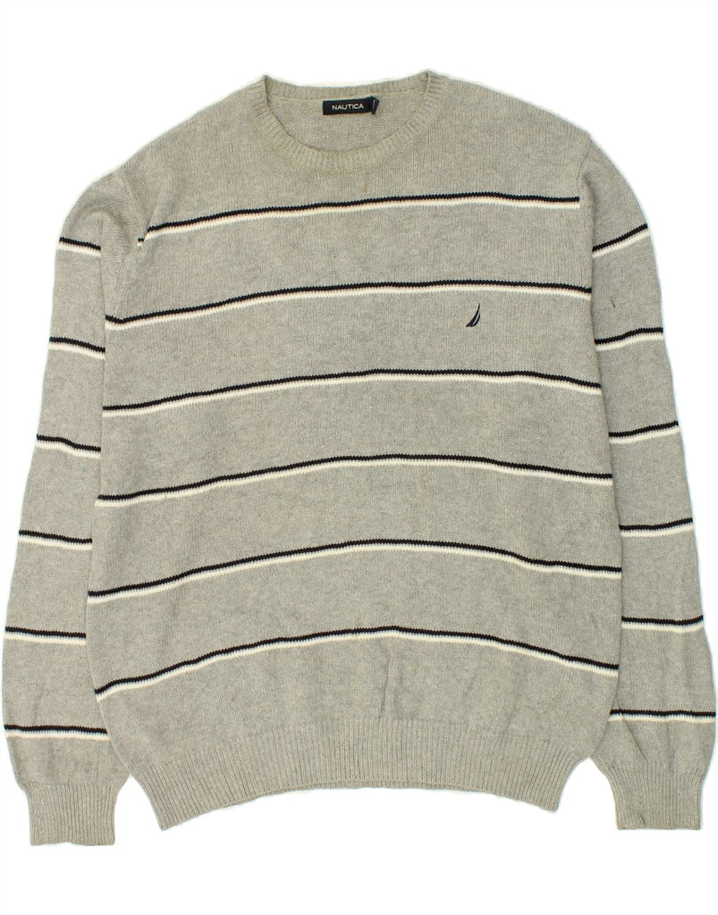 NAUTICA Mens Boat Neck Jumper Sweater Large Grey Striped Cotton | Vintage Nautica | Thrift | Second-Hand Nautica | Used Clothing | Messina Hembry 