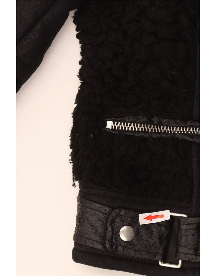 Topshop Womens Sherpa Biker Jacket UK 12 Medium Black Polyester