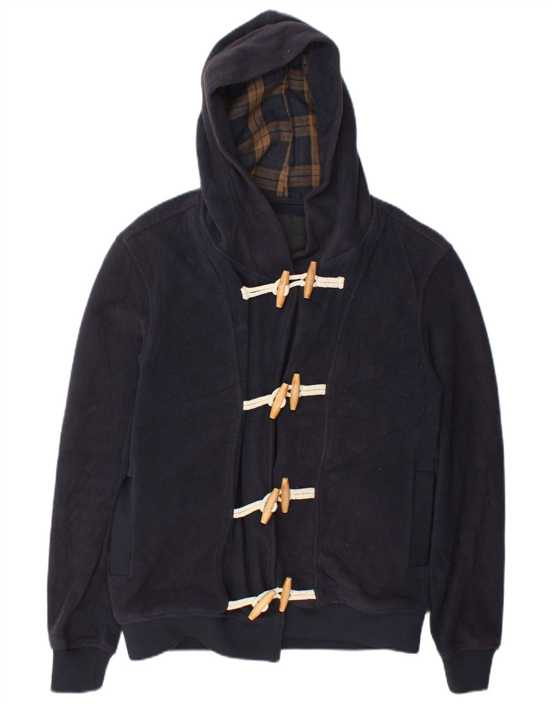 Zara Womens Hooded Duffle Fleece Jacket UK 14 Medium Navy Blue Polyester