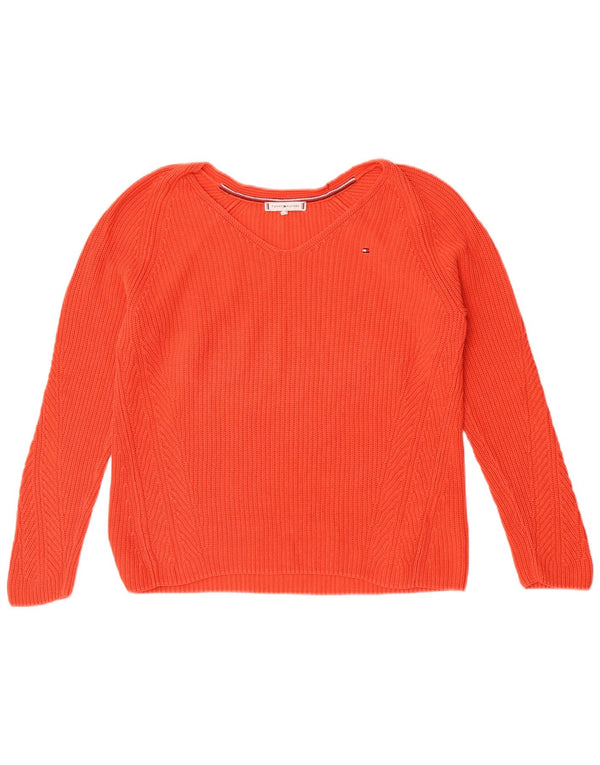 Tommy Hilfiger Womens V-Neck Jumper Sweater UK 10 Small Orange Cotton