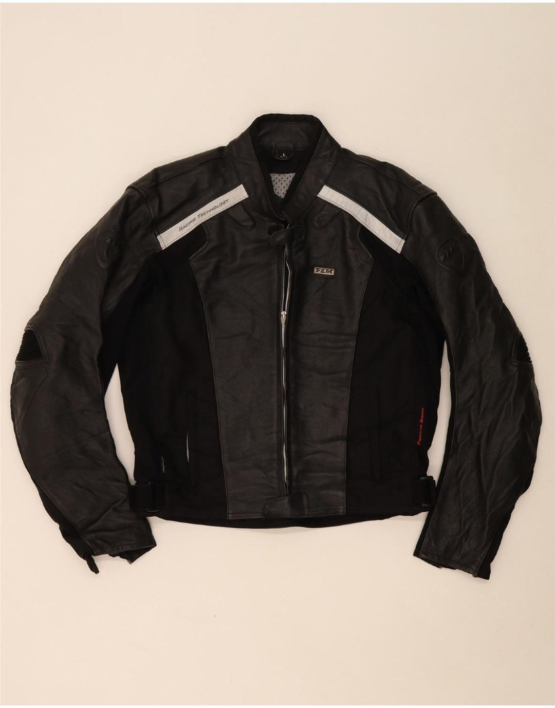 FLM Mens Graphic Racer Jacket UK 40 Large Black Leather