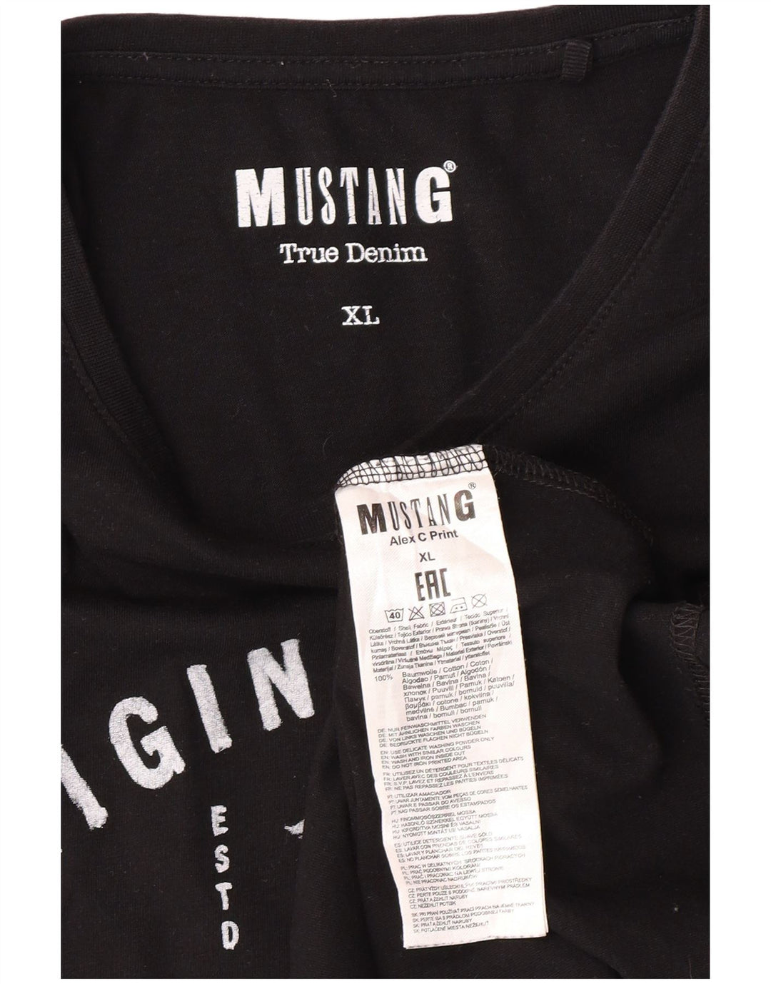 MUSTANG Mens Graphic T-Shirt Top XL Black Cotton