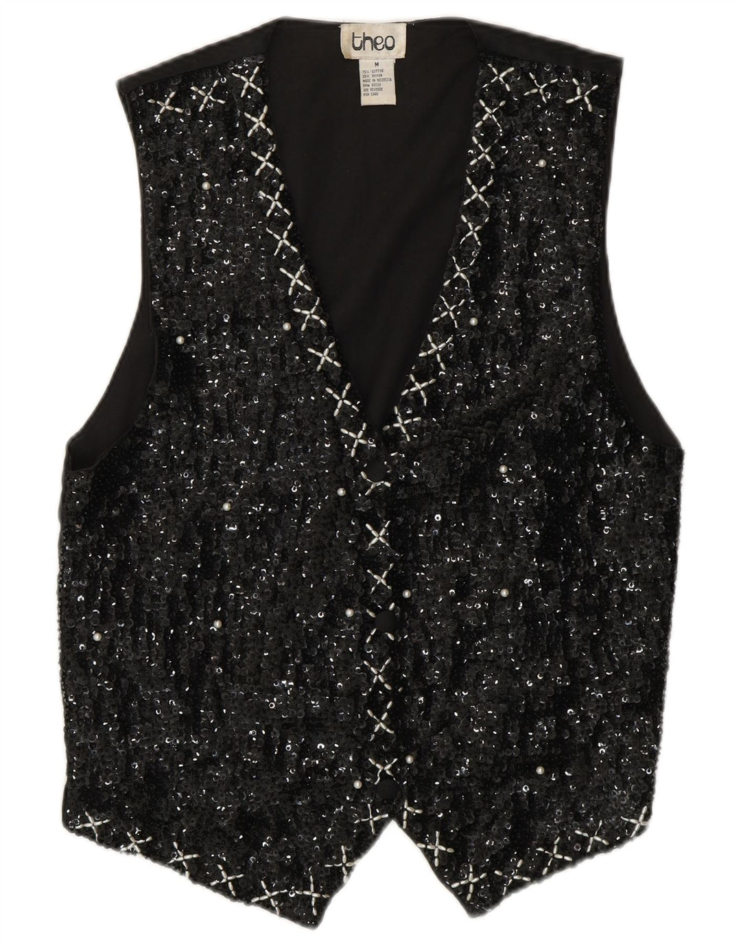 VINTAGE Womens Sequin Waistcoat UK 14 Medium Black Cotton 80s