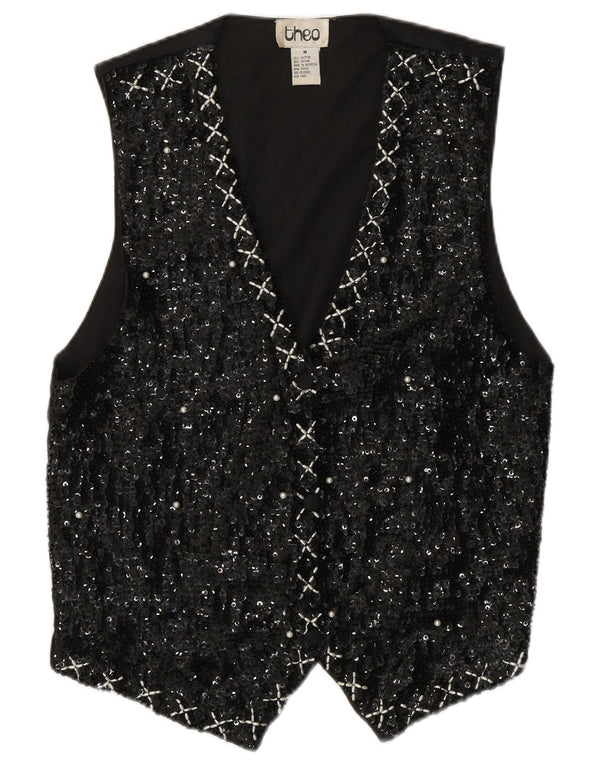 VINTAGE Womens Sequin Waistcoat UK 14 Medium Black Cotton 80s