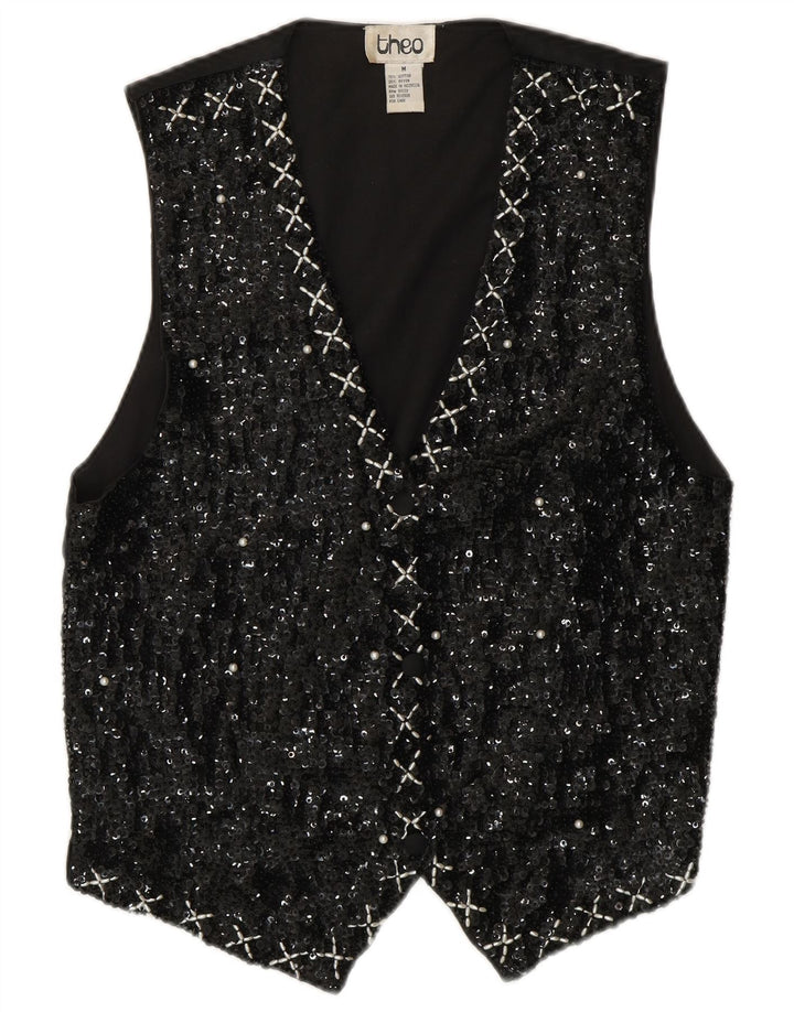 VINTAGE Womens Sequin Waistcoat UK 14 Medium Black Cotton 80s