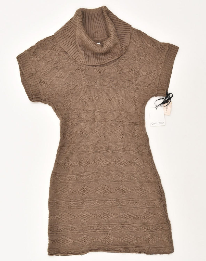 CALVIN KLEIN Womens Knit Roll Neck Jumper Dress UK 12 Medium Brown | Vintage Calvin Klein | Thrift | Second-Hand Calvin Klein | Used Clothing | Messina Hembry 