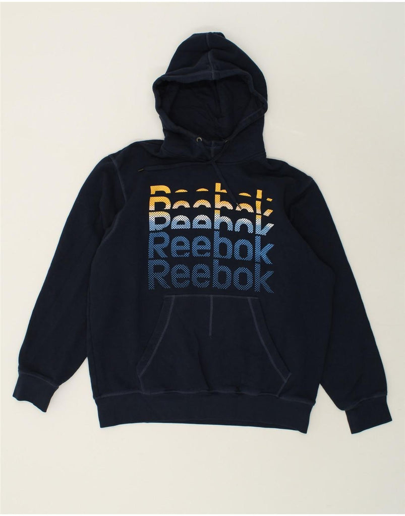 REEBOK Mens Graphic Hoodie Jumper XL Navy Blue Cotton | Vintage Reebok | Thrift | Second-Hand Reebok | Used Clothing | Messina Hembry 