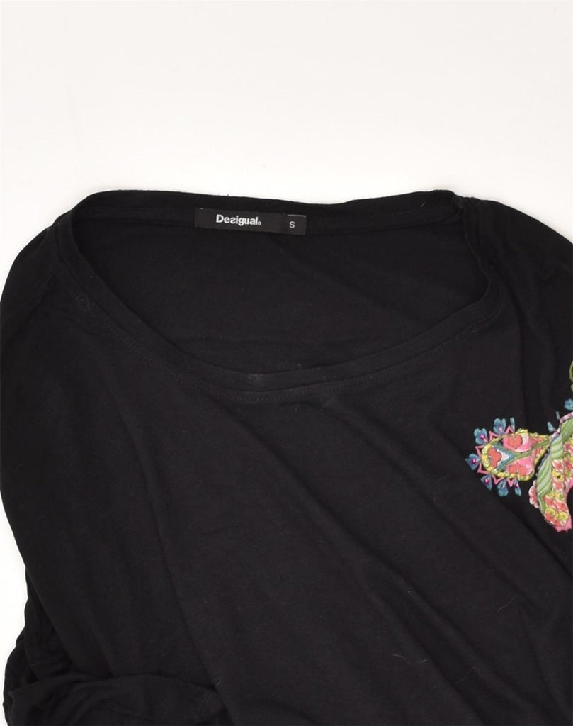 DESIGUAL Womens Graphic Top 3/4 Sleeve UK 10 Small Black Floral Cotton | Vintage Desigual | Thrift | Second-Hand Desigual | Used Clothing | Messina Hembry 