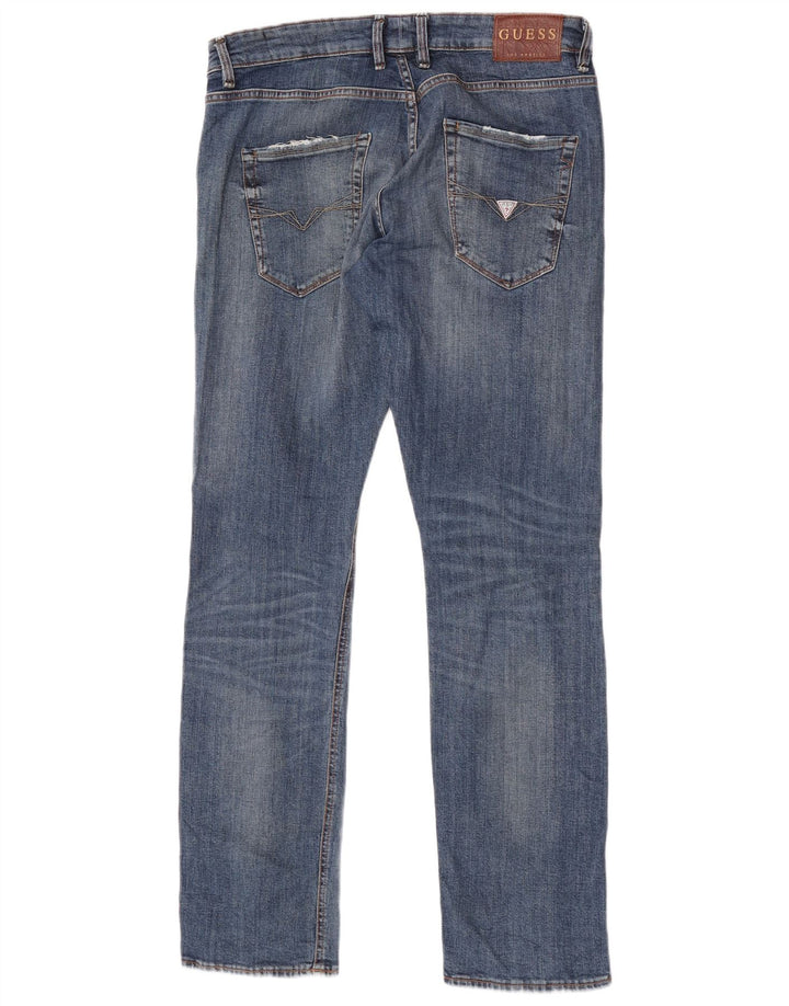 Guess Mens Straight Distressed Slim Jeans W30 L33 Blue Polyester