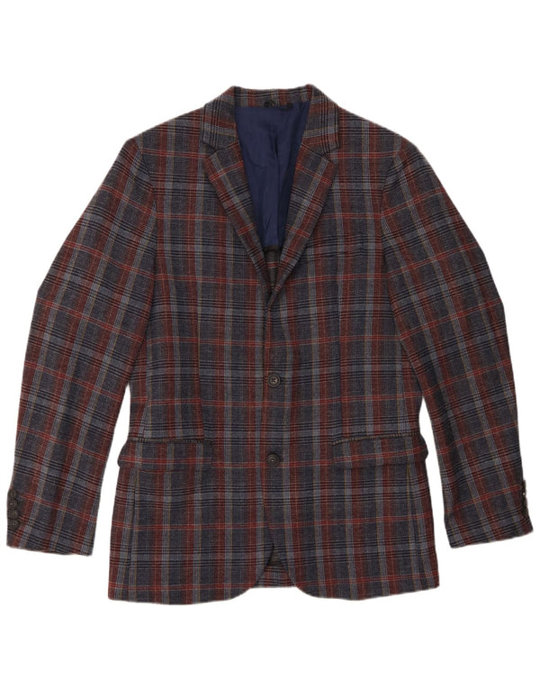Benetton Mens 2 Button Blazer Jacket UK 38 Medium Navy Blue Plaid Wool